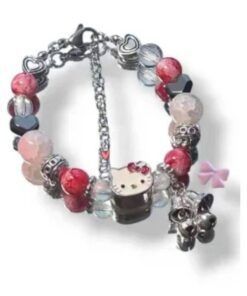 Pulsera Hello Kitty de cuencas de cuarzo rosado y acerina